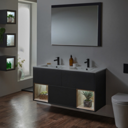 Black Grey 1212mm Wall Hung Open Shelf Marble Double Basin Vanity Unit with LED Light Milano Bexley - thumbnail 2