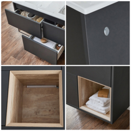 Black Grey 1212mm Wall Hung Open Shelf Marble Double Basin Vanity Unit with LED Light Milano Bexley - thumbnail 7