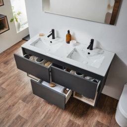 Black Grey 1212mm Wall Hung Open Shelf Marble Double Basin Vanity Unit with LED Light Milano Bexley - thumbnail 4