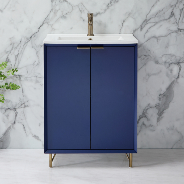 Milano Edge - Navy Blue 610mm Modern Vanity Unit with Basin and Aged Gold Finger Pull Handles
