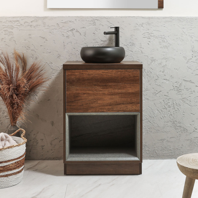 Milano Bexley - 600mm Dark Oak Open Shelf Vanity Unit with Round Graphite Countertop Basin and LED Light