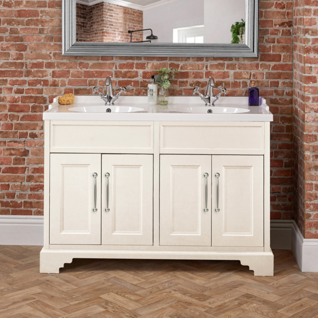 Milano Thornton - Antique White 1210mm Traditional Vanity Unit with Double Basin and Classic Round Aged Bronze Handles