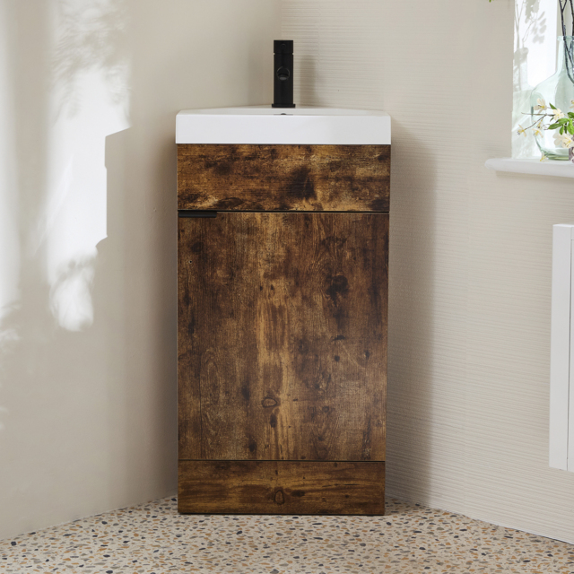 Milano Lurus - Dark Oak 450mm Modern Cloakroom Corner Vanity Unit with Basin and Black Finger Pull Handles