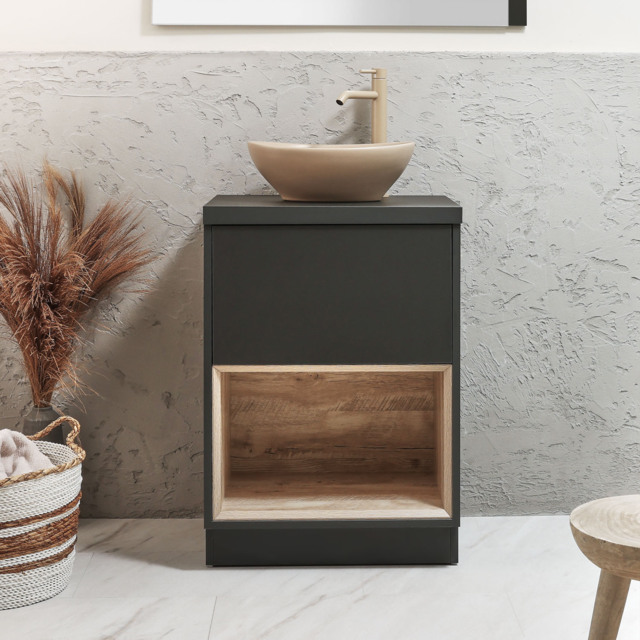 Milano Bexley - 600mm Black Grey Open Shelf Vanity Unit with Oval Sand Countertop Basin and LED Light