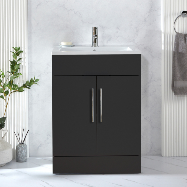 Milano Lurus - Black Grey 610mm Modern Vanity Unit with Basin and Chrome T-Bar Handles