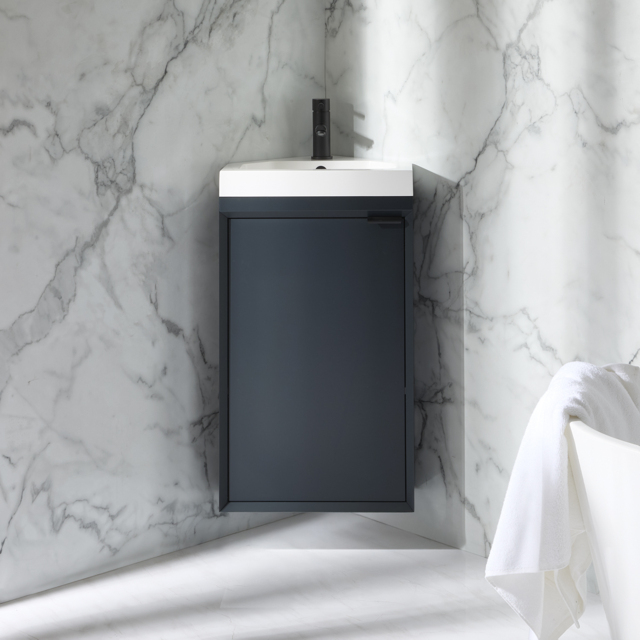 Milano Edge - Anthracite 450mm Wall Hung Modern Cloakroom Corner Vanity Unit with Basin and Black Finger Pull Handle