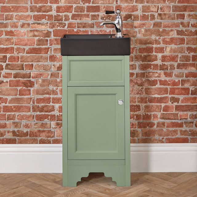 Milano Thornton - Pastel Green 400mm Traditional Cloakroom Vanity Unit with Black Basin and Classic Round Chrome Handle