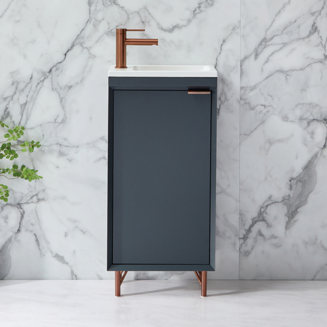 Milano Edge - Anthracite 400mm Modern Cloakroom Vanity Unit with Basin and Brushed Copper Finger Pull Handle