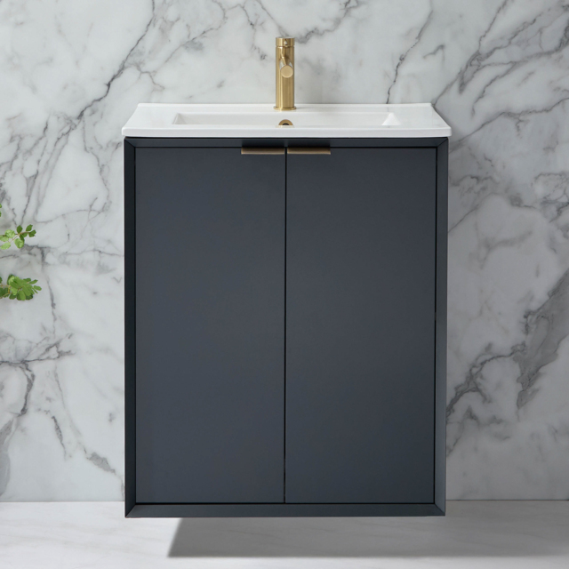 Milano Edge - Anthracite 610mm Wall Hung Modern Vanity Unit with Basin and Brushed Brass Finger Pull Handles