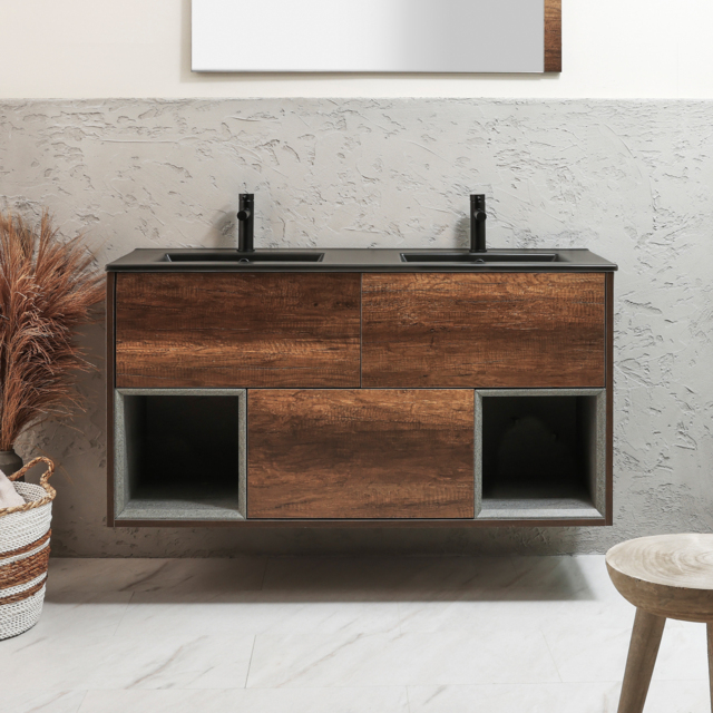 Milano Bexley - 1212mm Wall Hung Dark Oak Open Shelf Vanity Unit with Graphite Double Basin and LED Light