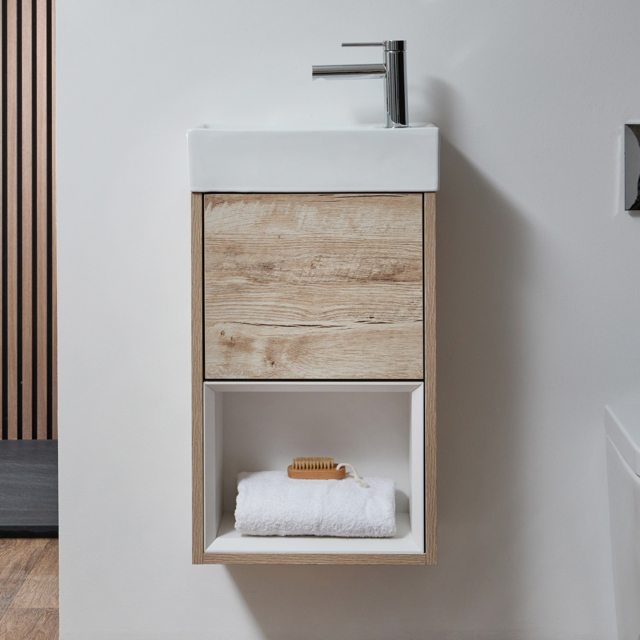 Milano Bexley - Light Oak 400mm Wall Hung Open Shelf Cloakroom Vanity Unit with Basin