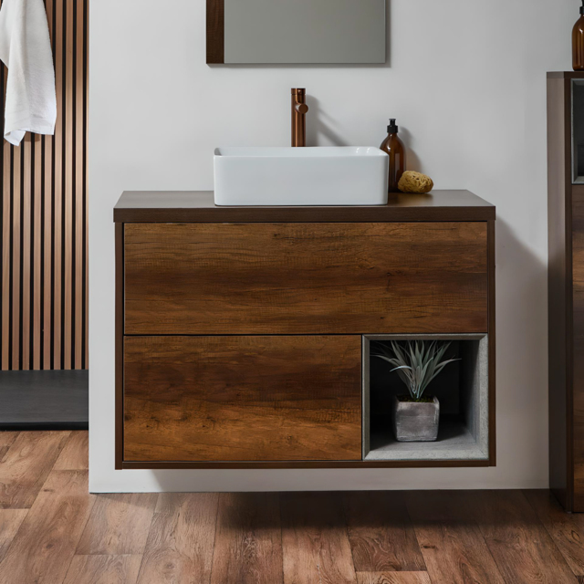 Milano Bexley - Dark Oak 1000mm Wall Hung Open Shelf Vanity Unit with Rectangular Countertop Basin