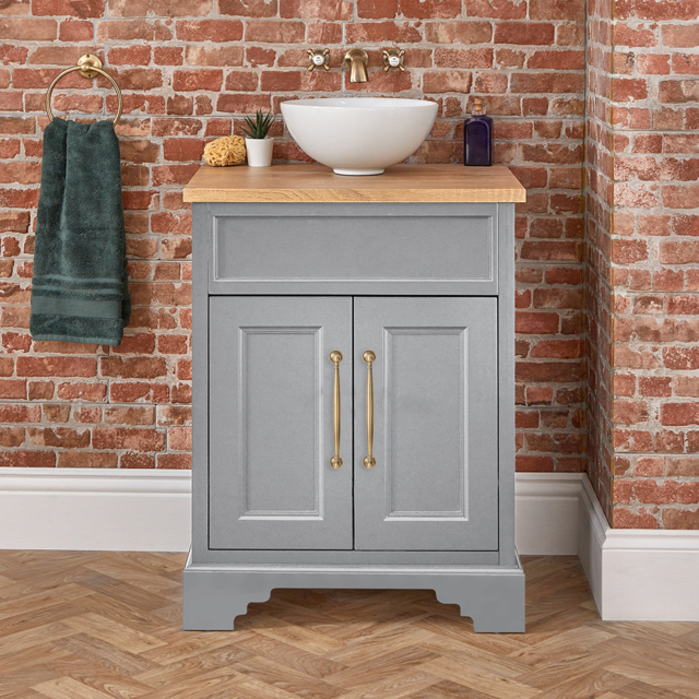 Milano Thornton - Light Grey 645mm Traditional Vanity Unit with Round Countertop Basin and Classic T-Bar Aged Gold Handles