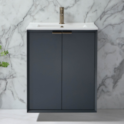 Milano Edge - Anthracite 610mm Wall Hung Modern Vanity Unit with Basin and Aged Gold Finger Pull Handles