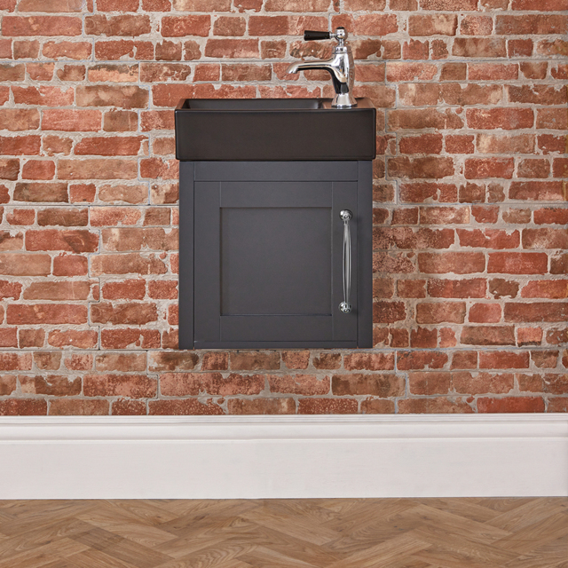 Milano Thornton - Black Grey 400mm Wall Hung Traditional Cloakroom Vanity Unit with Black Basin and Classic T-Bar Chrome Handle