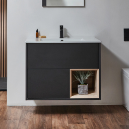 Milano Bexley - Black Grey 810mm Wall Hung Open Shelf Vanity Unit with White Basin