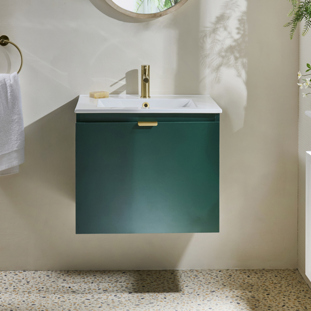 Milano Lurus - Dark Green 600mm Modern Wall Hung Vanity Unit with Basin and Brushed Brass Finger Pull Handle