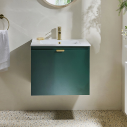 Milano Lurus - Dark Green 600mm Modern Wall Hung Vanity Unit with Basin and Brushed Brass Finger Pull Handle