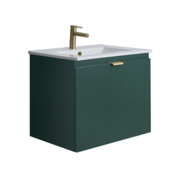 Dark Green Modern 600mm Wall Hung Vanity Unit with Brushed Brass Finger Pull Handle - thumbnail 3