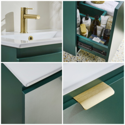 Dark Green Modern 600mm Wall Hung Vanity Unit with Brushed Brass Finger Pull Handle - thumbnail 5