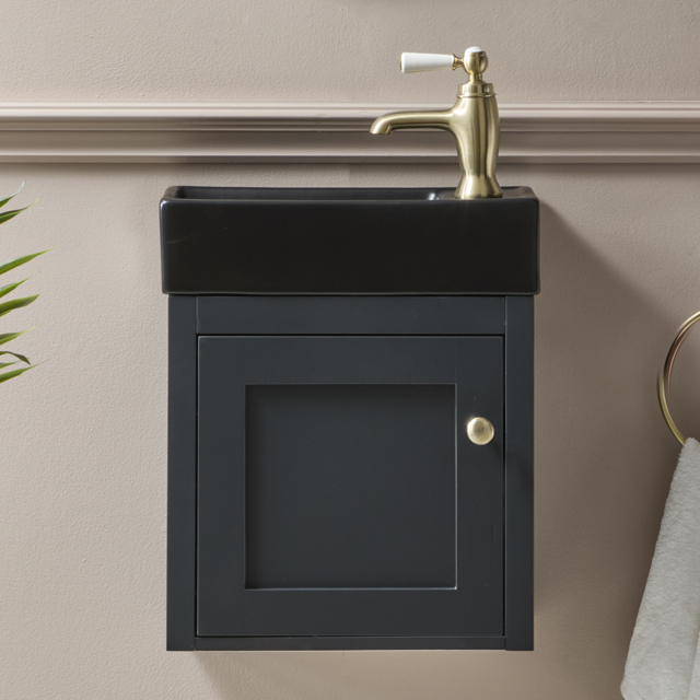 Milano Thornton - Black Grey 400mm Wall Hung Traditional Cloakroom Vanity Unit with Black Basin and Classic Round Aged Gold Handle