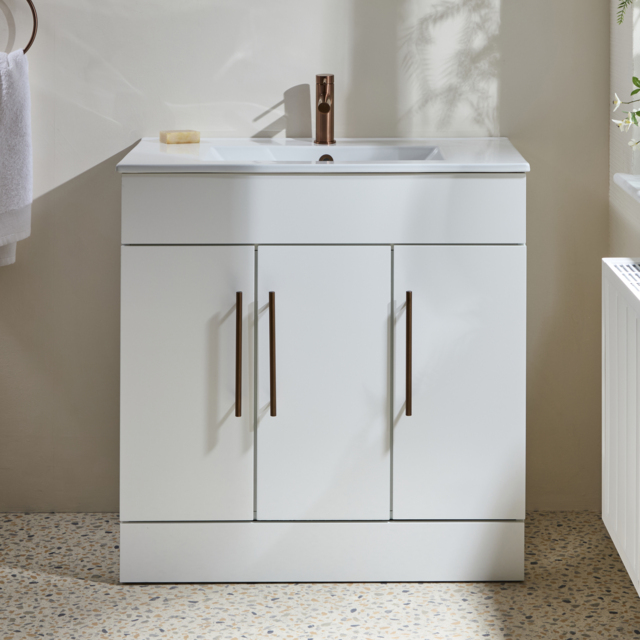 Milano Lurus - White 810mm Modern Vanity Unit with Basin and Brushed Copper T-Bar Handles