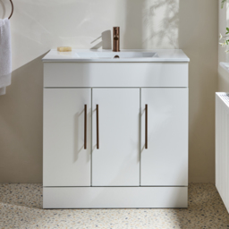 Milano Lurus - White 810mm Modern Vanity Unit with Basin and Brushed Copper T-Bar Handles