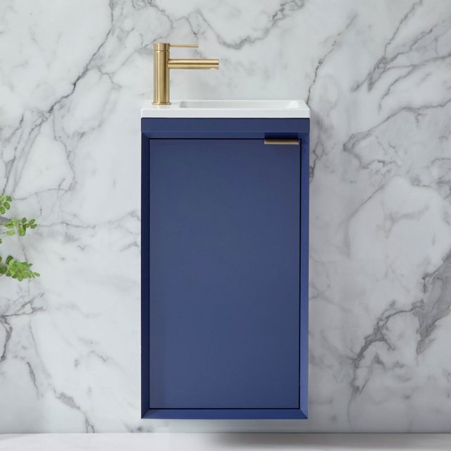 Milano Edge - Navy Blue 400mm Wall Hung Modern Cloakroom Vanity Unit with Basin and Brushed Brass Finger Pull Handle