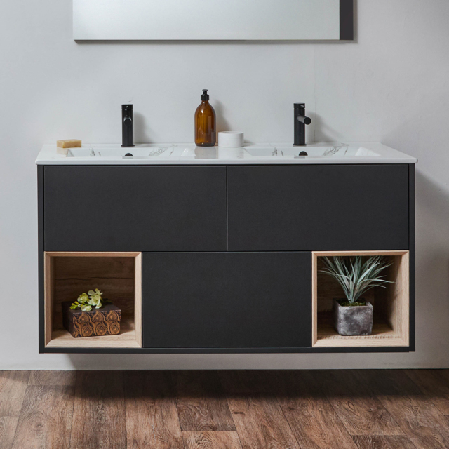 Milano Bexley - Black Grey 1212mm Wall Hung Open Shelf Vanity Unit with Marble Effect Double Basin