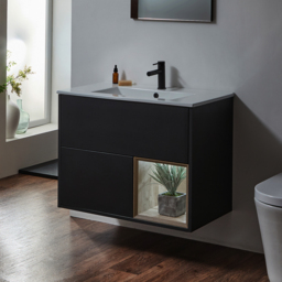 Milano Bexley - Black Grey 810mm Wall Hung Open Shelf Vanity Unit with White Basin and LED Light