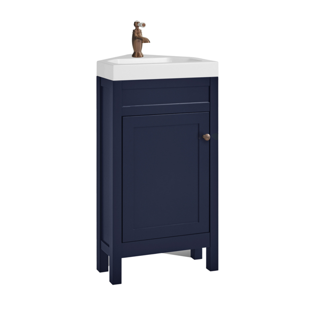 Milano Aston - Navy 450mm Traditional Cloakroom Corner Vanity Unit with Basin and Aged Bronze Classic Round Handle