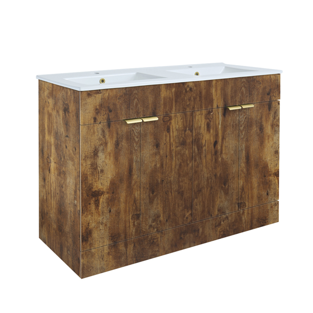 Milano Lurus - Dark Oak 1210mm Modern Vanity Unit with Double Basin and Brushed Brass Finger Pull Handles