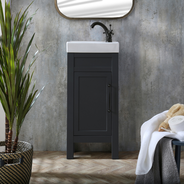 400mm Freestanding Black Grey Modern Basin Vanity Unit with Black Classic Bar Handle - image 1