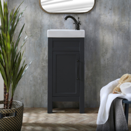 400mm Freestanding Black Grey Modern Basin Vanity Unit with Black Classic Bar Handle - thumbnail 1