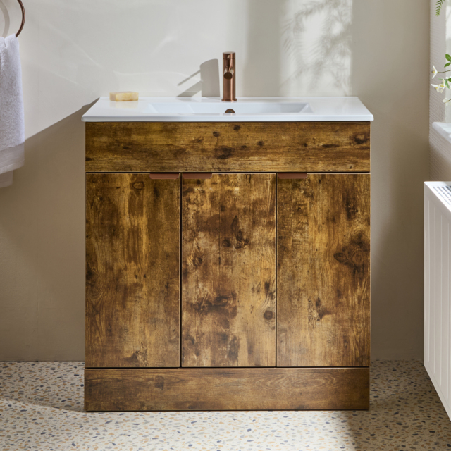 Milano Lurus - Dark Oak 810mm Modern Vanity Unit with Basin and Brushed Brass T-Bar Handles