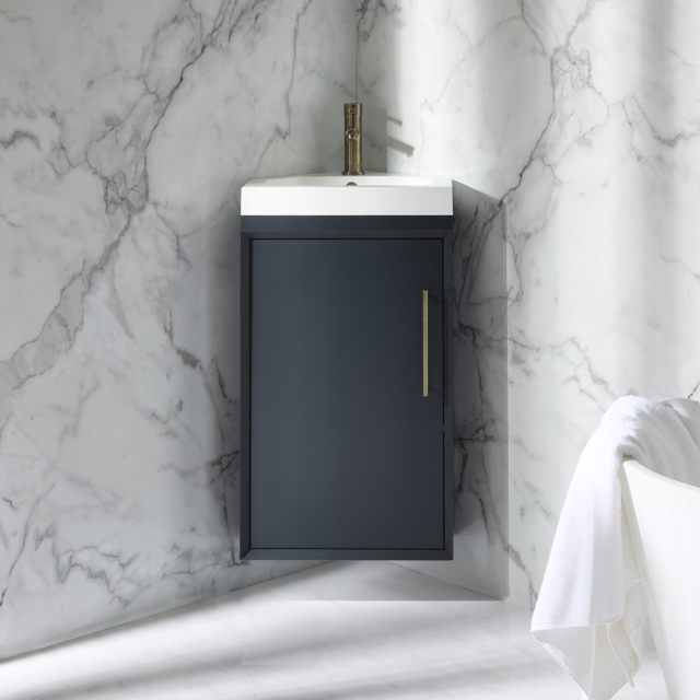 Milano Edge - Anthracite 450mm Wall Hung Modern Cloakroom Corner Vanity Unit with Basin and Aged Gold T-Bar Handle