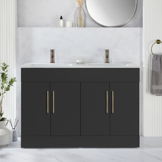 Milano Lurus - Black Grey 1210mm Modern Vanity Unit with Double Basin and Aged Gold T-Bar Handles