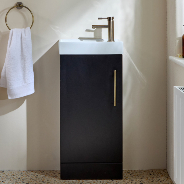 Stylish Black Grey 400mm Claokroom Freestanding Vanity Unit with Basin - Brushed Gold Bar Handle - image 1