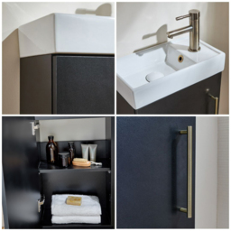 Stylish Black Grey 400mm Claokroom Freestanding Vanity Unit with Basin - Brushed Gold Bar Handle - thumbnail 5