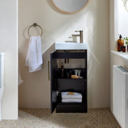 Stylish Black Grey 400mm Claokroom Freestanding Vanity Unit with Basin - Brushed Gold Bar Handle - thumbnail 3