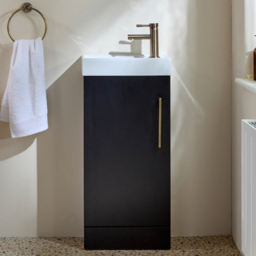 Stylish Black Grey 400mm Claokroom Freestanding Vanity Unit with Basin - Brushed Gold Bar Handle - thumbnail 1