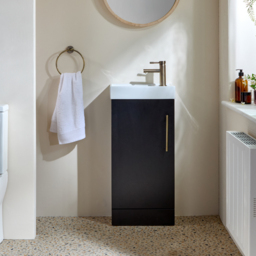 Stylish Black Grey 400mm Claokroom Freestanding Vanity Unit with Basin - Brushed Gold Bar Handle - thumbnail 2