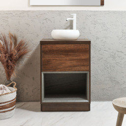 Milano Bexley - 600mm Dark Oak Open Shelf Vanity Unit with Round Chalk Countertop Basin and LED Light