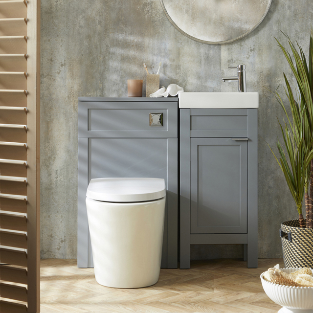Milano Aston - Light Grey 400mm Traditional Vanity Unit with Basin, and Modern Finger Pull Chrome Handle and WC Unit with Rivington Back to Wall Toilet