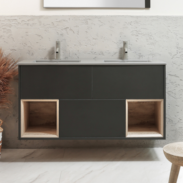 Milano Bexley - 1212mm Wall Hung Open Shelf Vanity Unit with Elements Double Basin - Choice of Basin, Finish and LED Light
