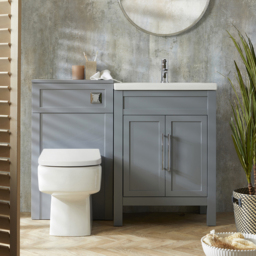 Milano Aston - Light Grey 600mm Traditional Vanity Unit with Basin and Modern T-Bar Chrome Handles and WC Unit with Elswick Back to Wall Toilet