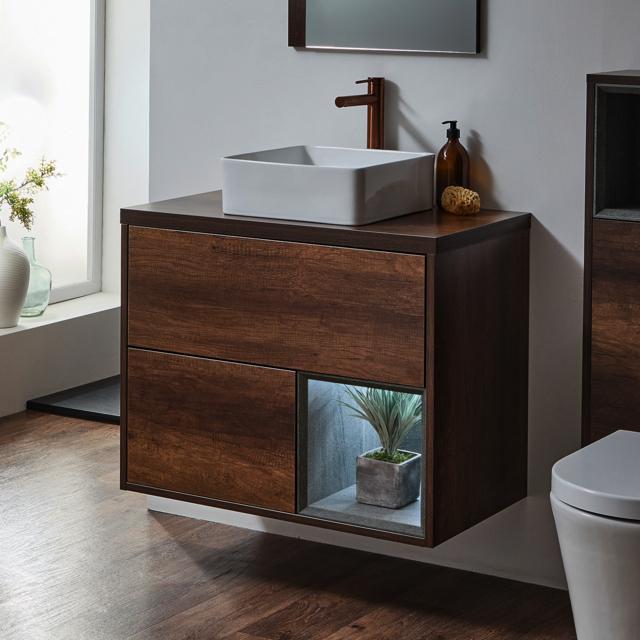Milano Bexley - Dark Oak 800mm Wall Hung Open Shelf Vanity Unit with Rectangular Countertop Basin and LED Light