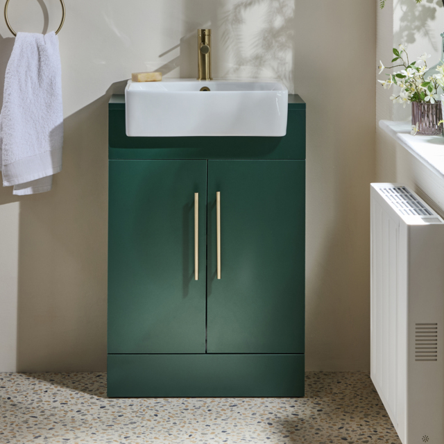Milano Lurus - Dark Green 550mm Modern Vanity Unit with Basin and Brushed Brass T-Bar Handles