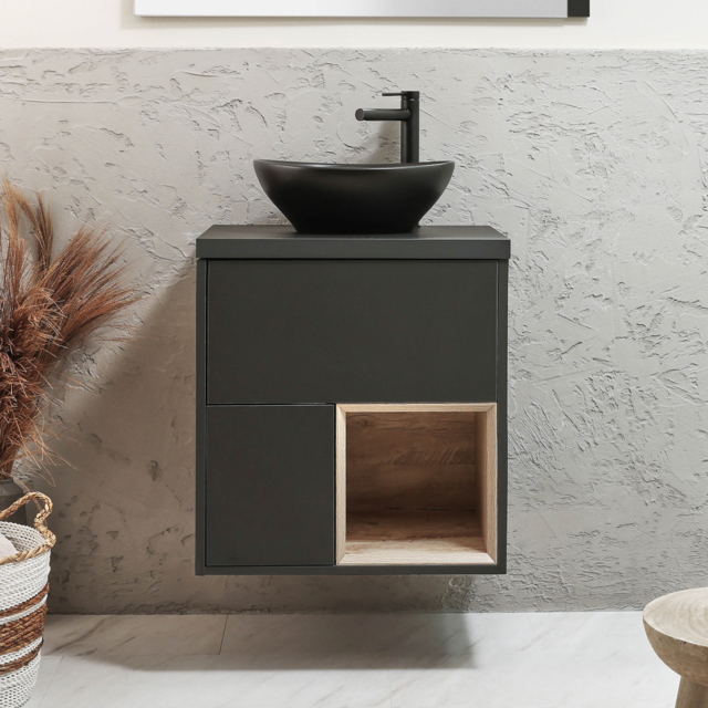 Milano Bexley - 600mm Wall Hung Black Grey Open Shelf Vanity Unit with Oval Graphite Countertop Basin