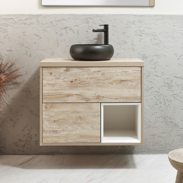 Milano Bexley - 800mm Wall Hung Light Oak Open Shelf Vanity Unit with Round Graphite Countertop Basin and LED Light